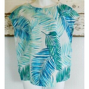 Tahari Sleeveless Top Blouse Linen Tropical Palm Multi Crop Shirt Medium Scoop !